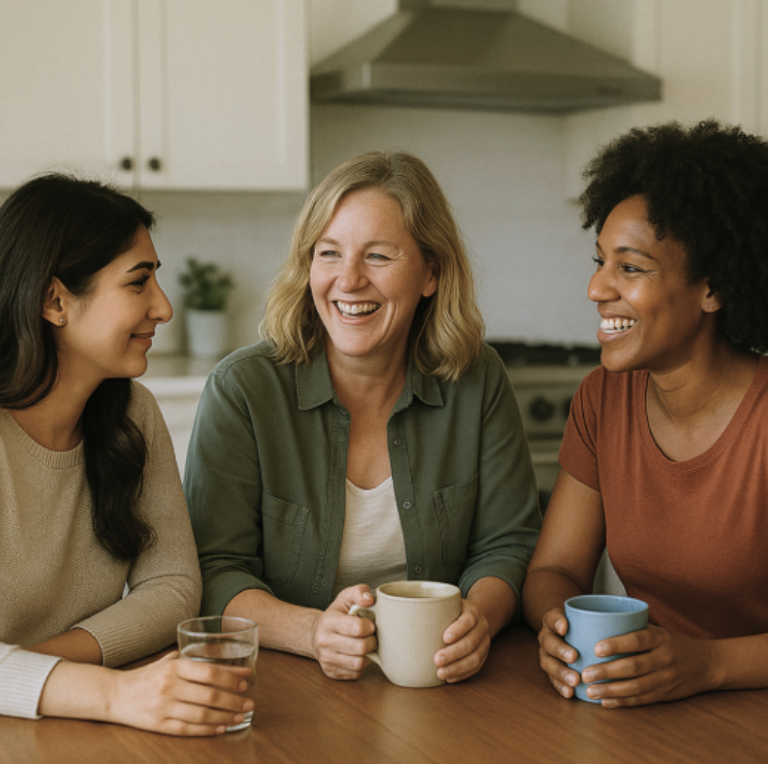 3 friends having tea laughing around a table