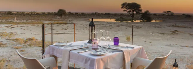 Dinner mit Ausblick auf ein Wasserloch