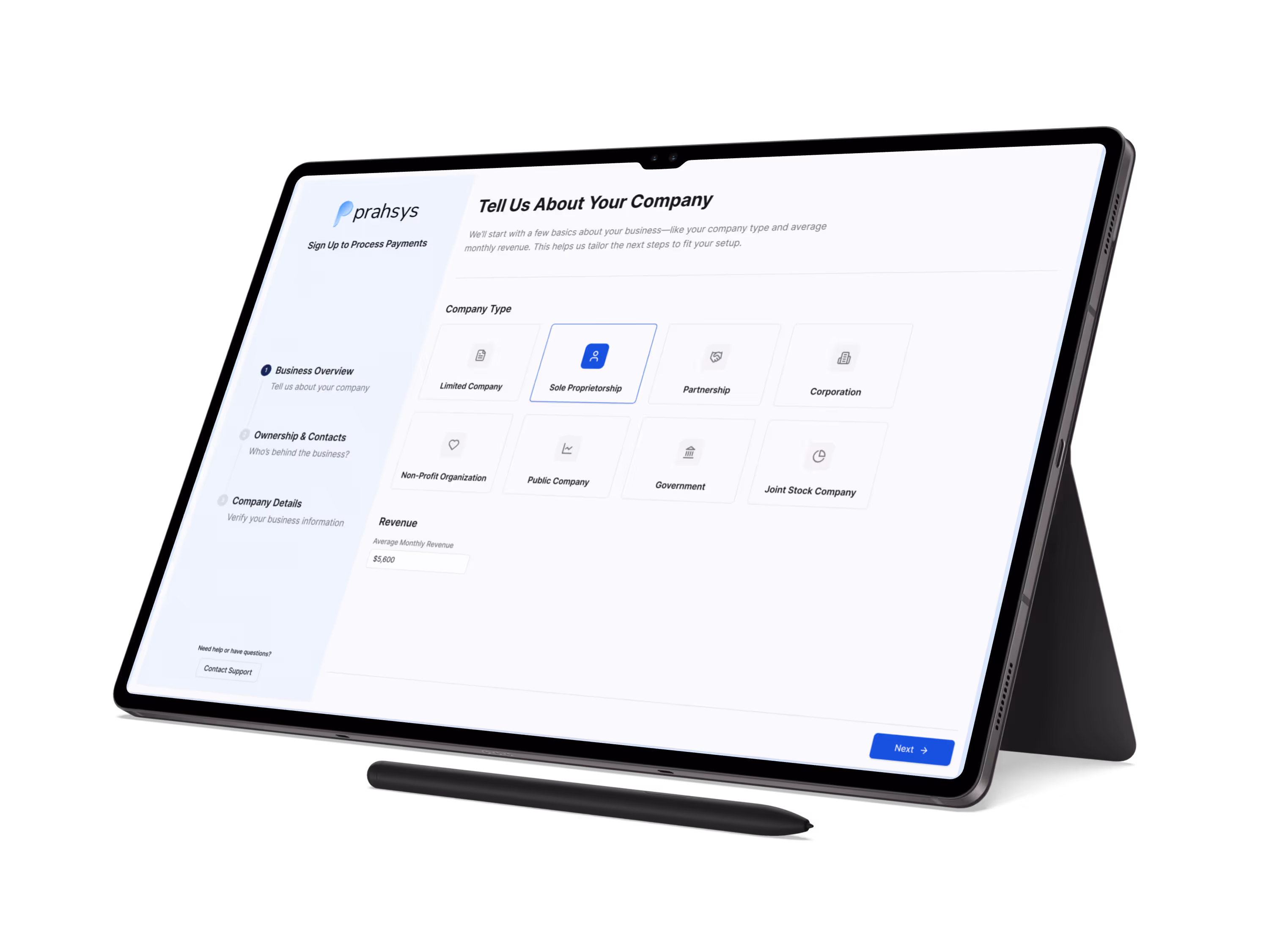 Prahsys payments onboarding form displaying on a tablet