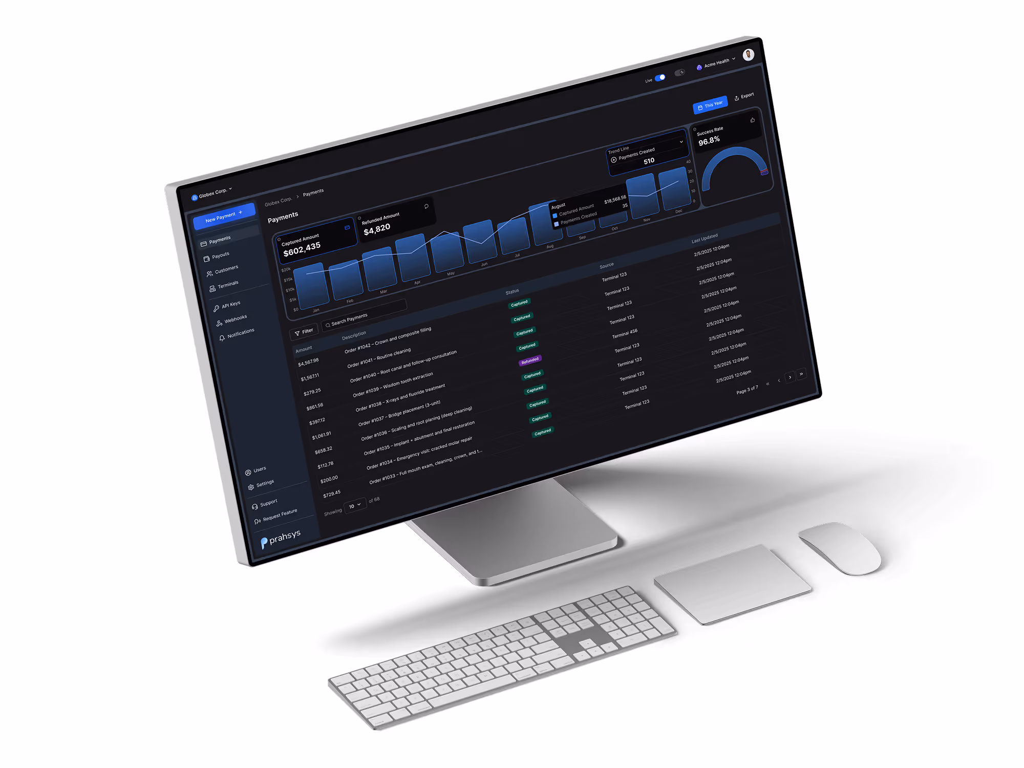 Mac mockup of Prahsys Merchant Dashboard in dark mode