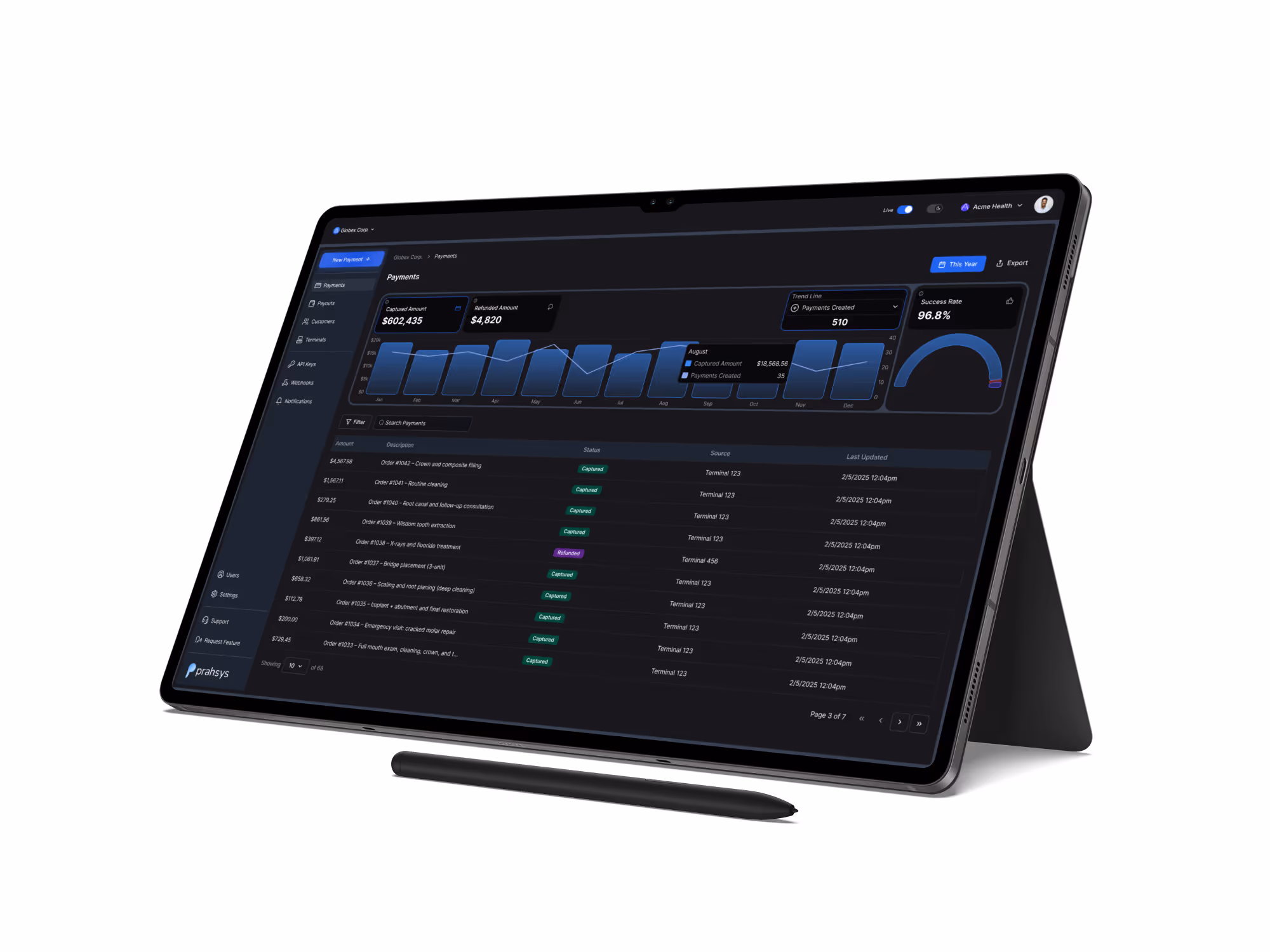 Tablet mockup of Prahsys Merchant Dashboard in dark mode