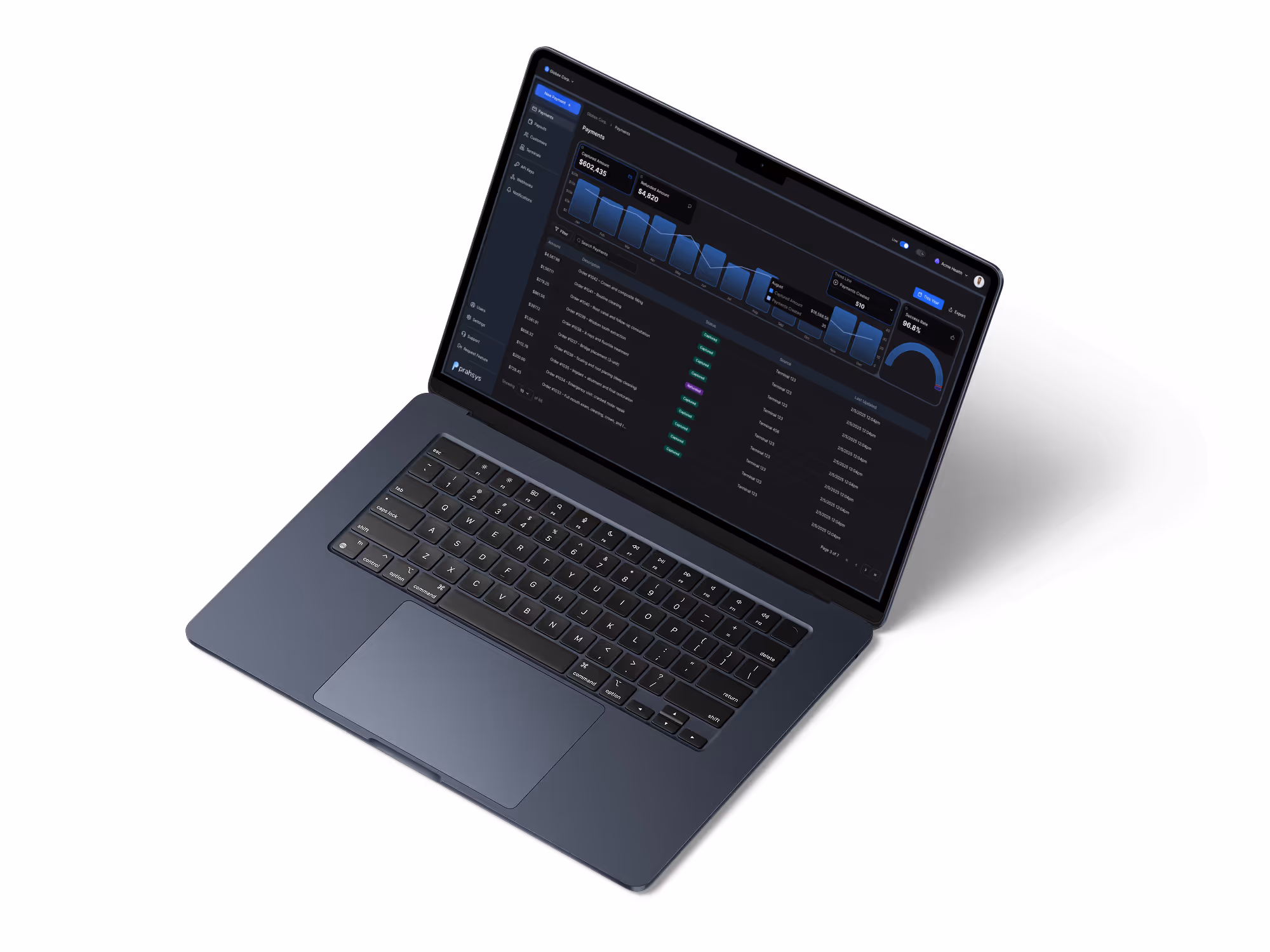 Mac mockup of Prahsys Merchant Dashboard in dark mode
