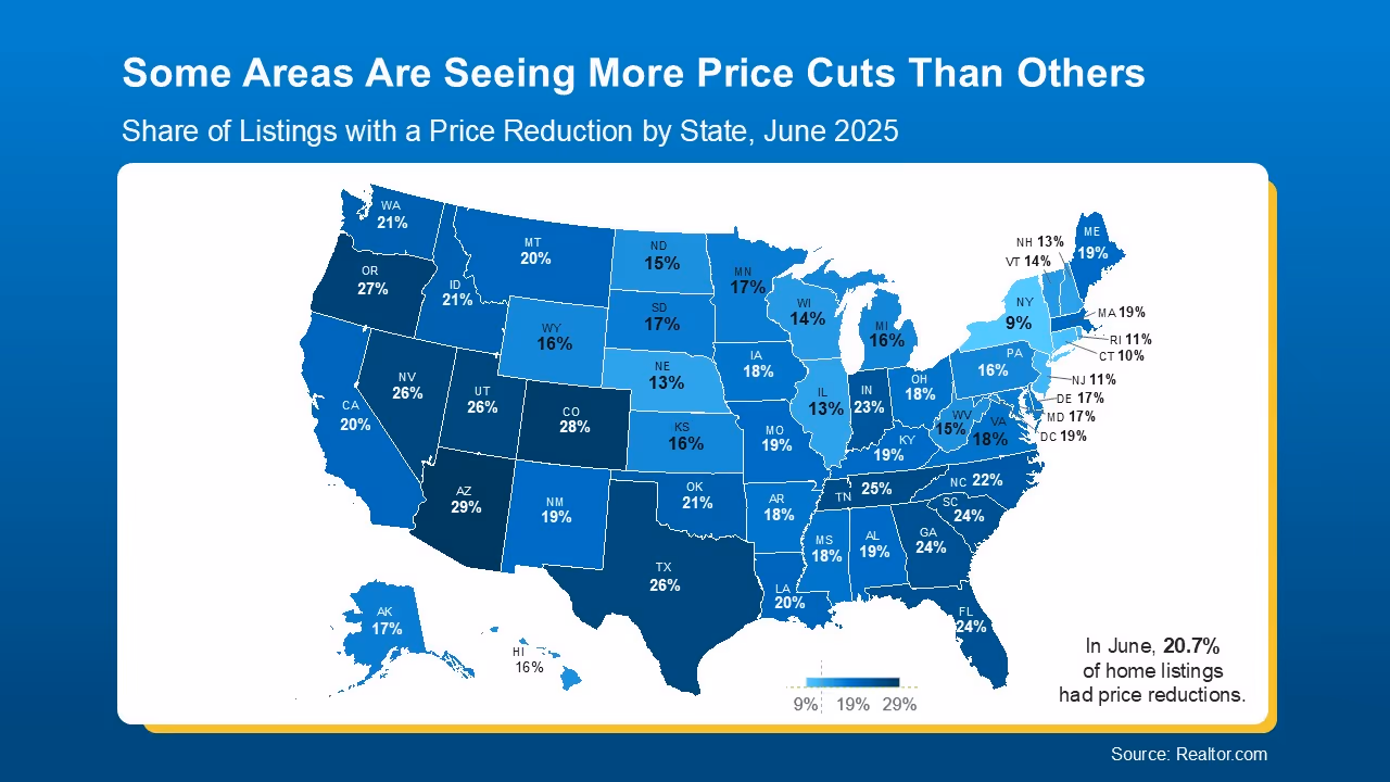 Map showing percentage of home price reductions by U.S. state in 2025