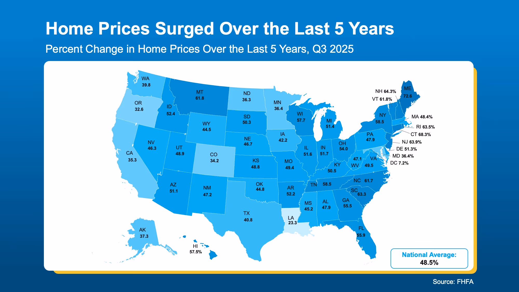 U.S. map showing 5-year home price growth by state