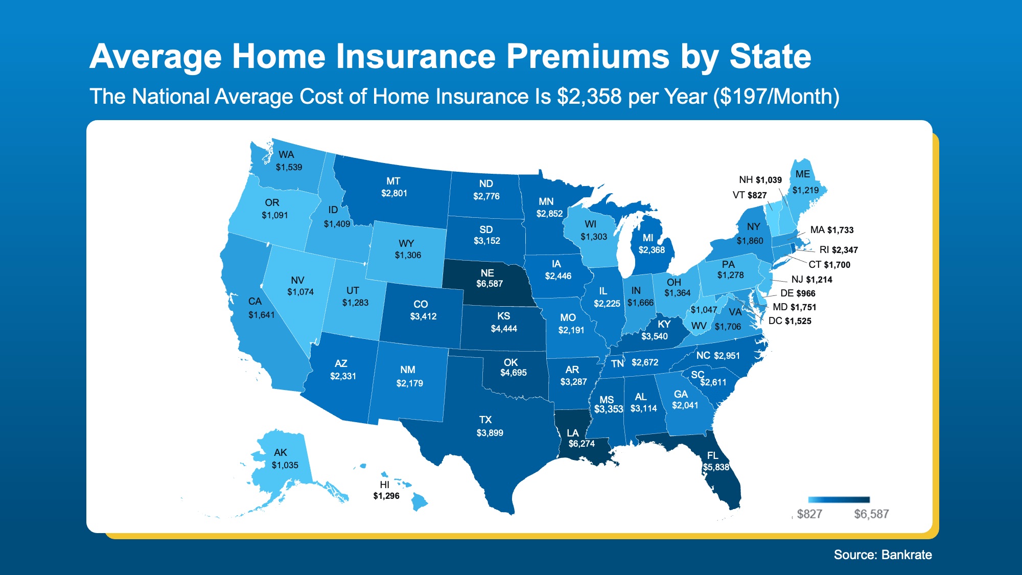 Map showing typical homeowners insurance premiums by state.