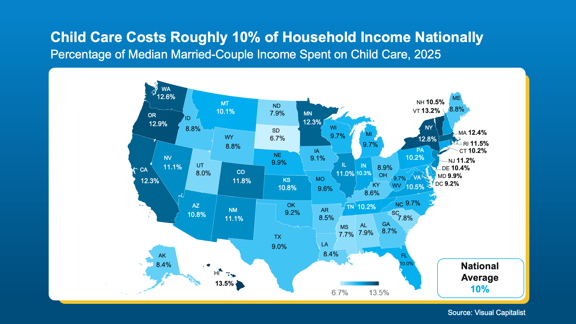 Map showing child care costs as a share of household income for families considering buying a home