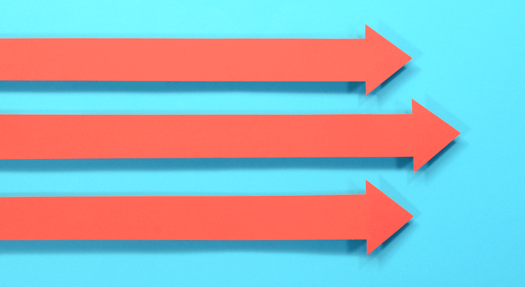 Three coral arrows pointing right against a turquoise background.
