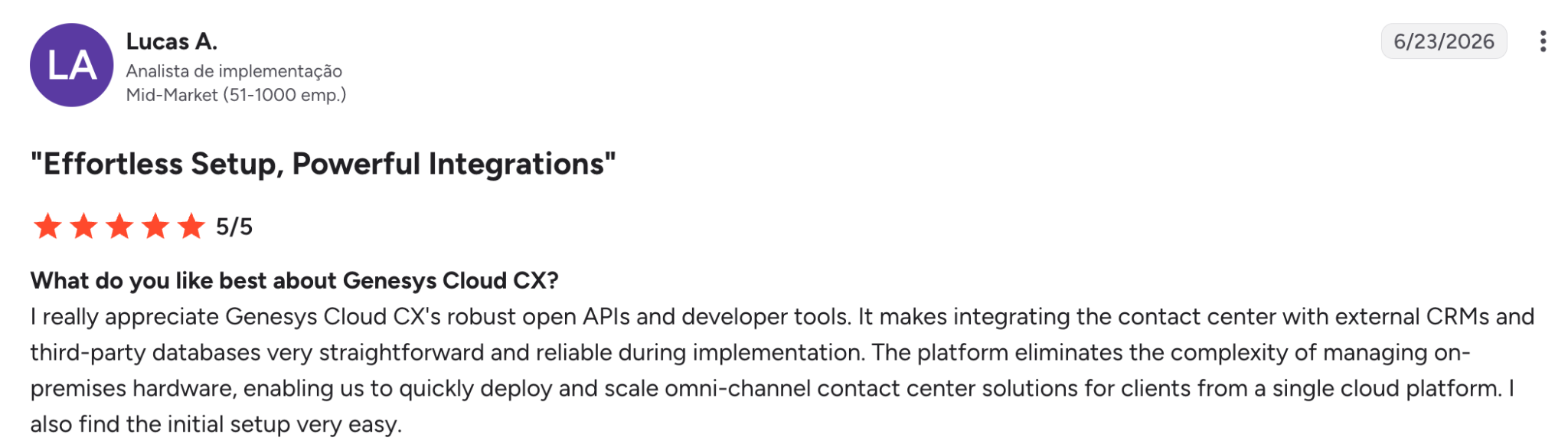 A review on G2 that praises Genesys' integrations