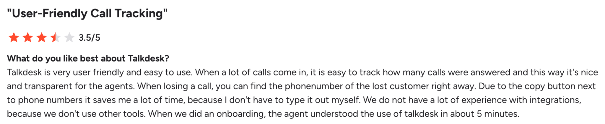 G2 review that talks about Talkdesk's ease of use