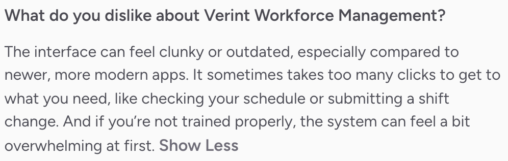 A Verint Workforce Management user complaining about the platform's UX
