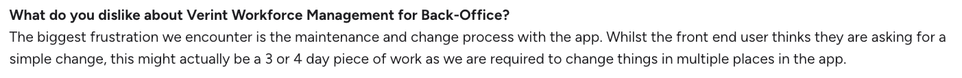 A G2 reviewer explaining Verint Workforce Management's heavy implementation overhead