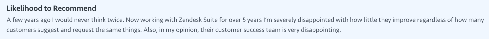 A TrustRadius reviewer saying that Zendesk is slow to improve