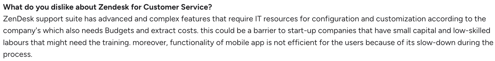 A G2 reviewer saying that IT needs to help set up and configure Zendesk