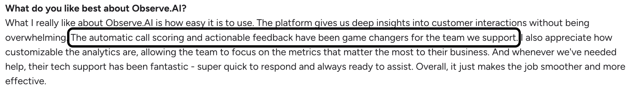 A G2 review that praises Observe.AI’s automated call scoring and coaching functionality