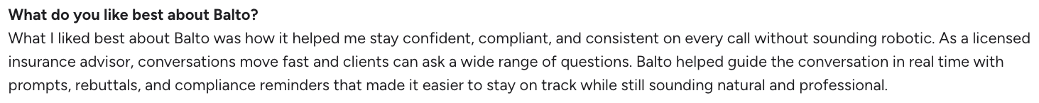 G2 review on Balto's agentic assist features