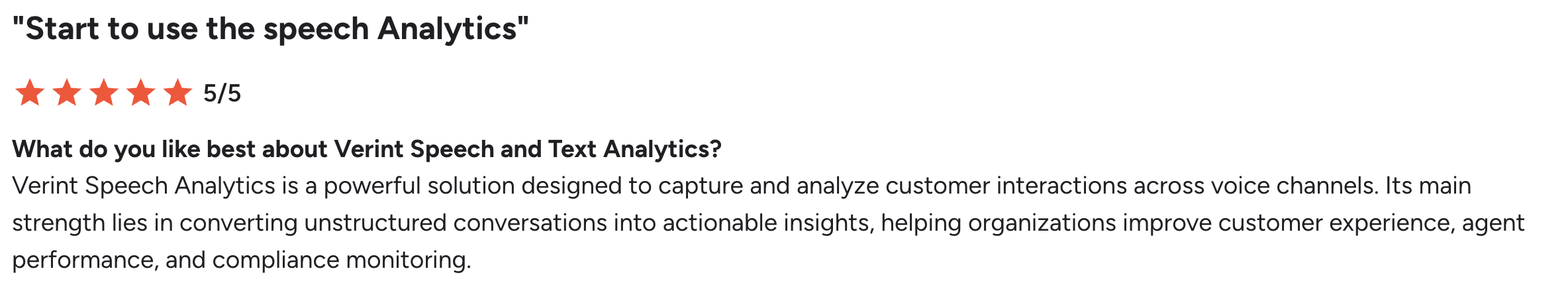 G2 review on Verint's value prop on making unstructured conversation data actionable