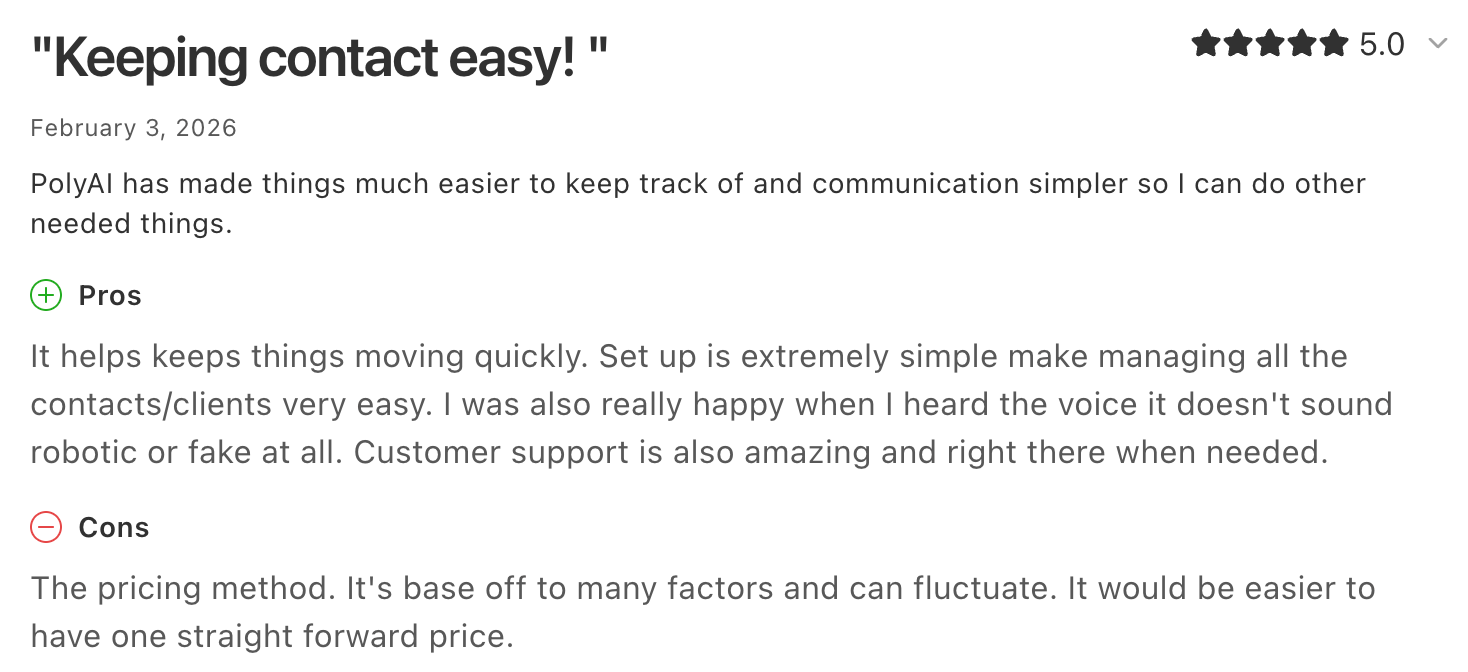Capterra review on PolyAI's voice AI quality