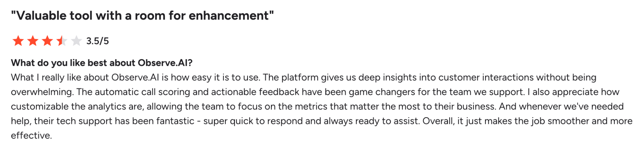 G2 review on Observe.AI's ease of use