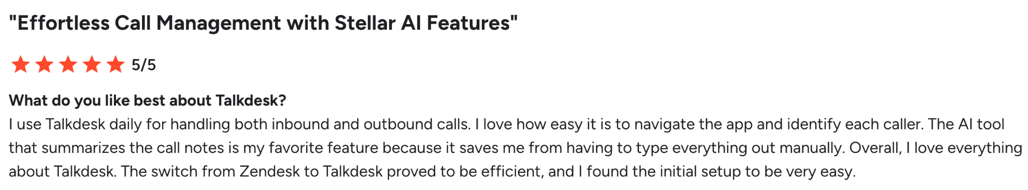 G2 review on Talkdesk's fast setup process