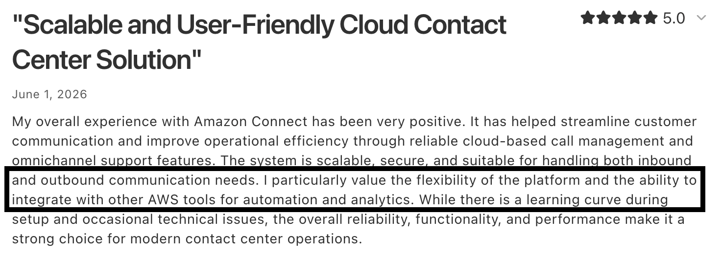 Capterra review on Amazon Connect's AWS integrations