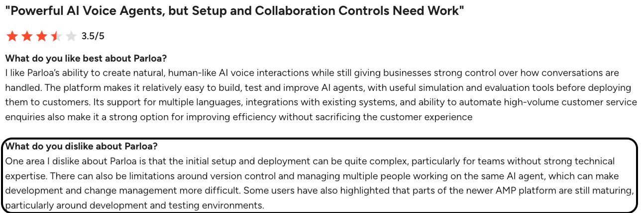 G2 review on Parloa's complex UX
