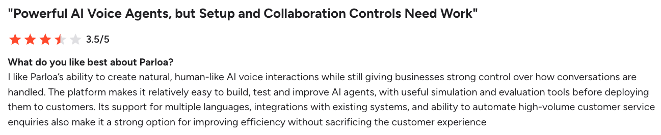 G2 review on Parloa's voice AI agents