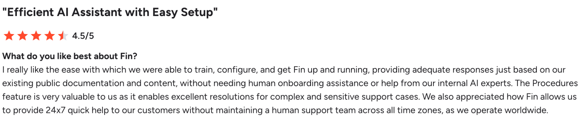 G2 review on how Fin AI's Procedures feature lets its agents handle harder cases