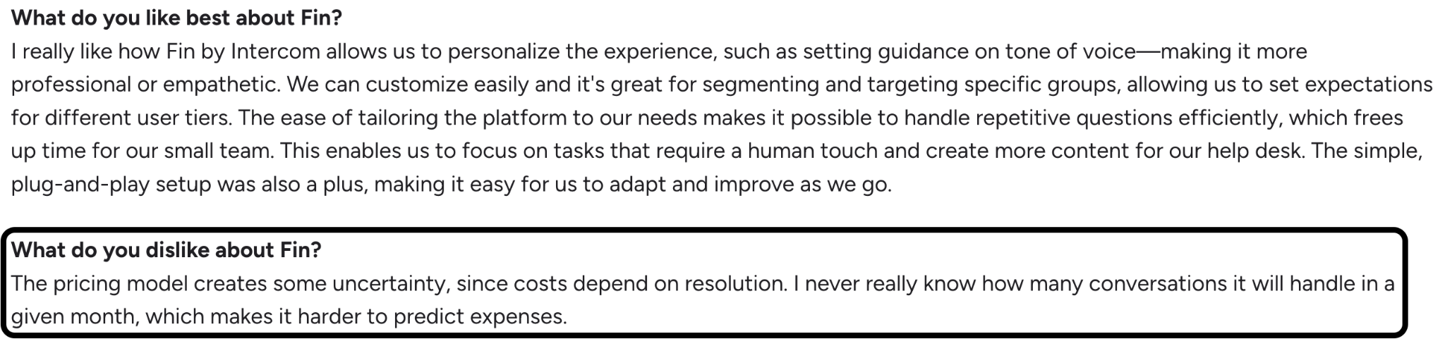 G2 review on Fin AI around the difficulty of forecasting costs