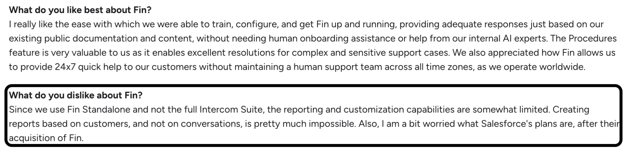 G2 review on Fin AI's shallow functionality for standalone features