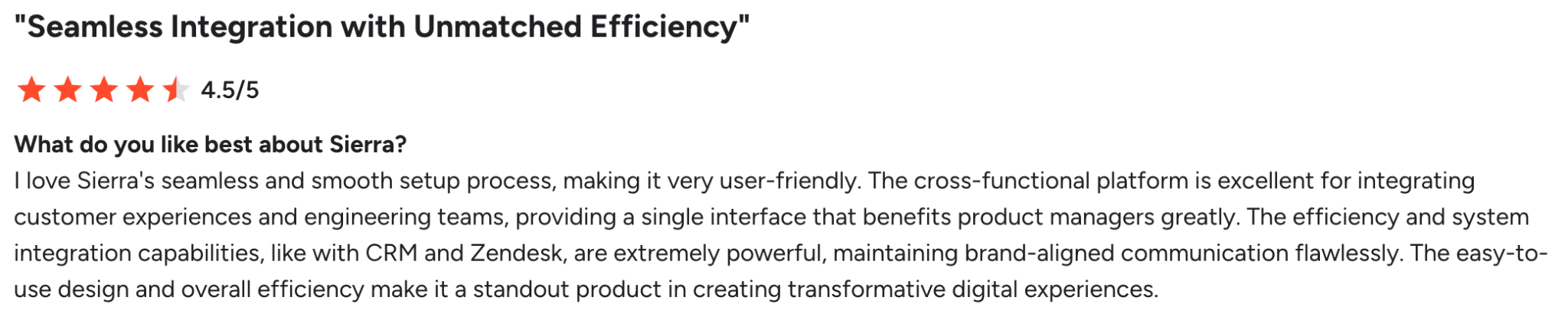 G2 review on Sierra's fast time to value and integrations