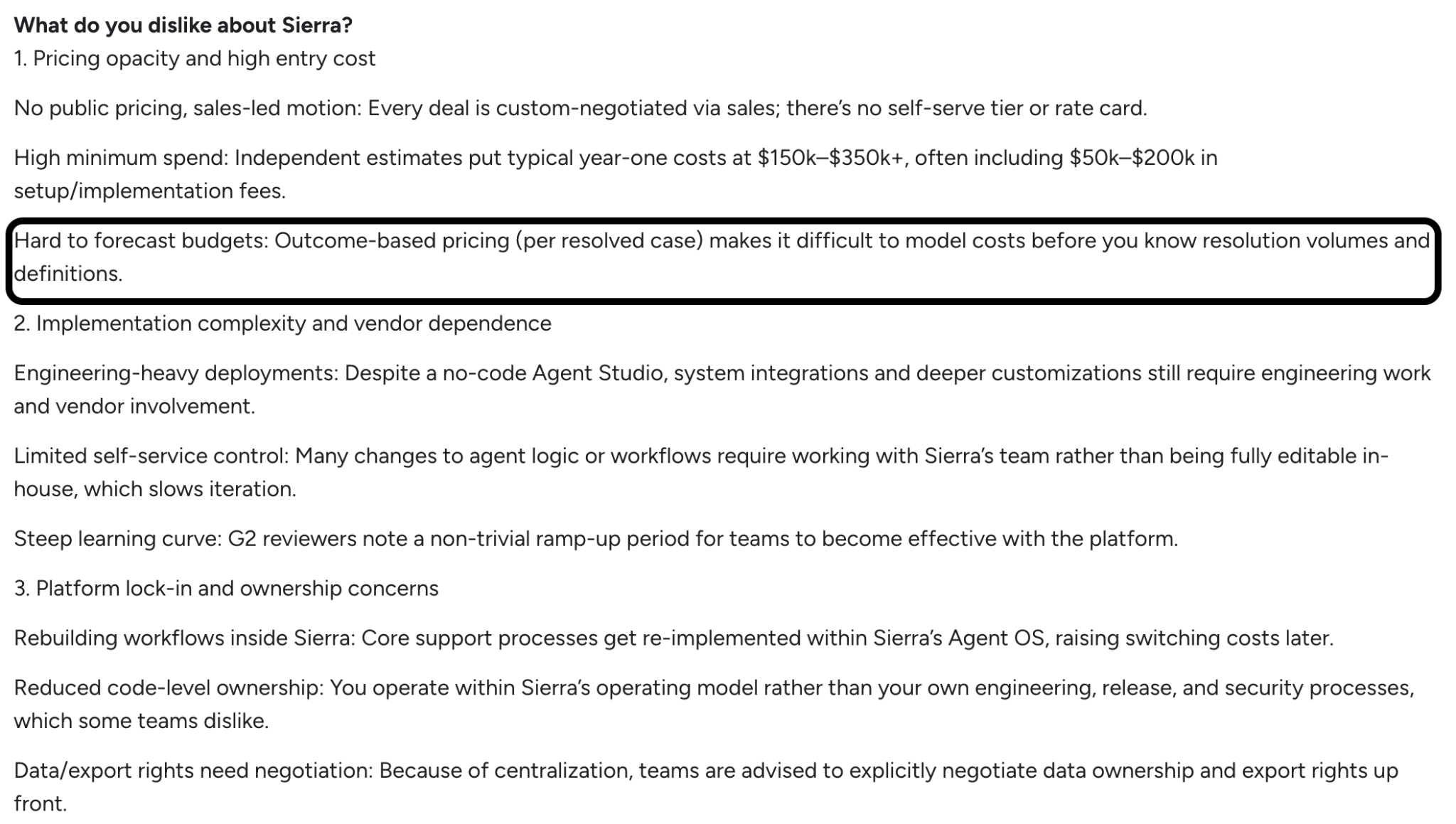 G2 review on Sierra's difficult-to-forecast pricing model