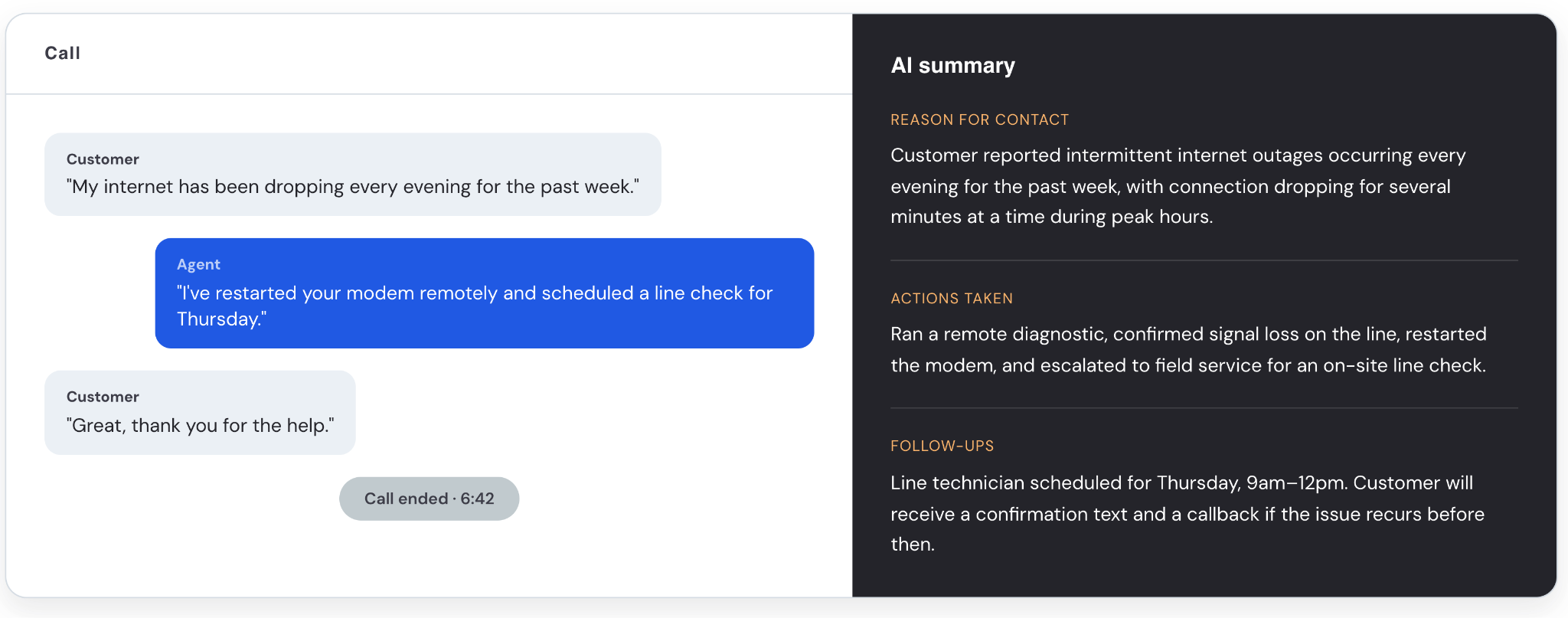 Agentic Assist AI summary after a call