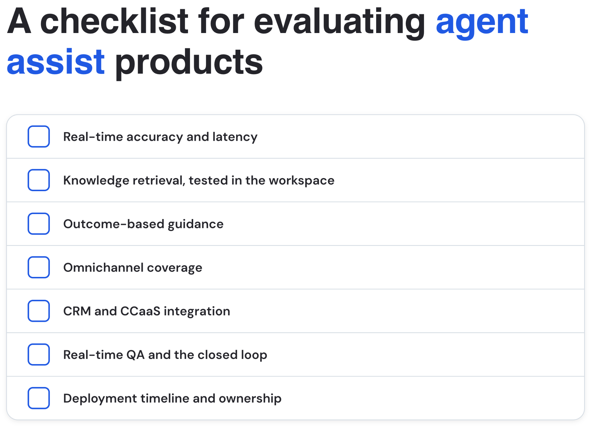 Checklist for evaluating Agentic Assist and other agent assist products