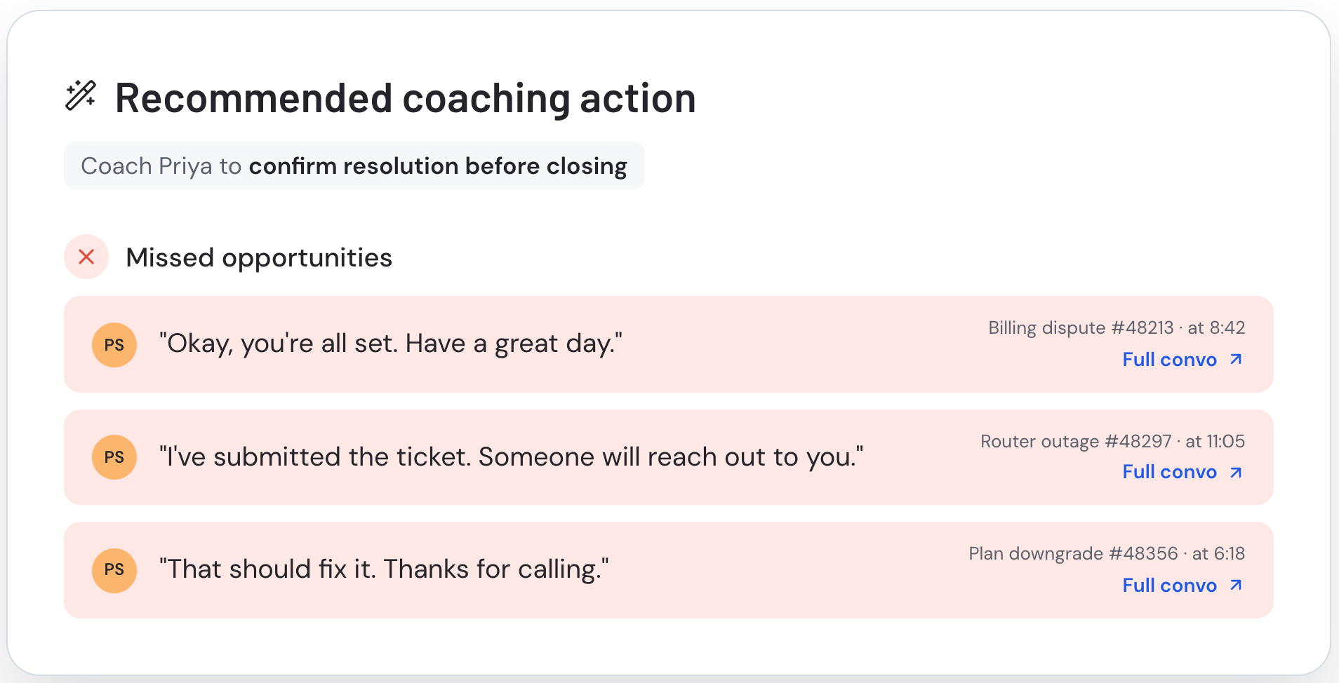 AI-detected advice for coaching an agent with calls as evidence