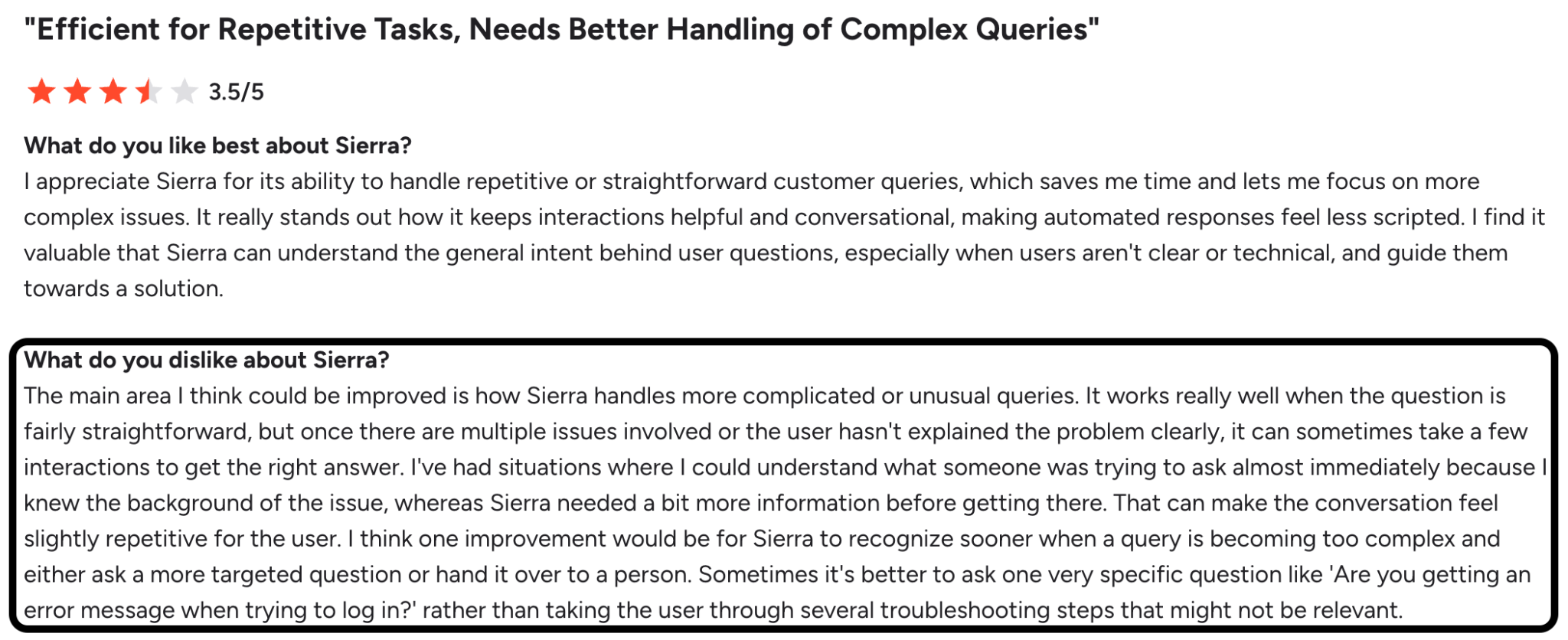 G2 review on the issues with using Sierra's AI agents