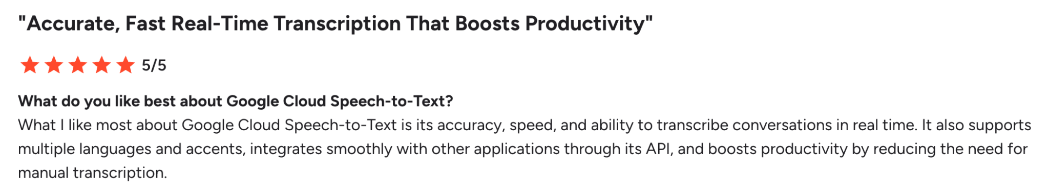 G2 review on Google Cloud Speech-to-Text offering fast transcription