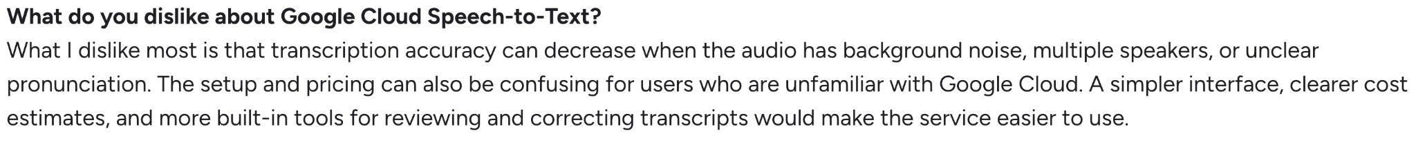 G2 review on Google Cloud Speech-to-Text having accuracy drops with background noise, multiple speakers, or unclear speech