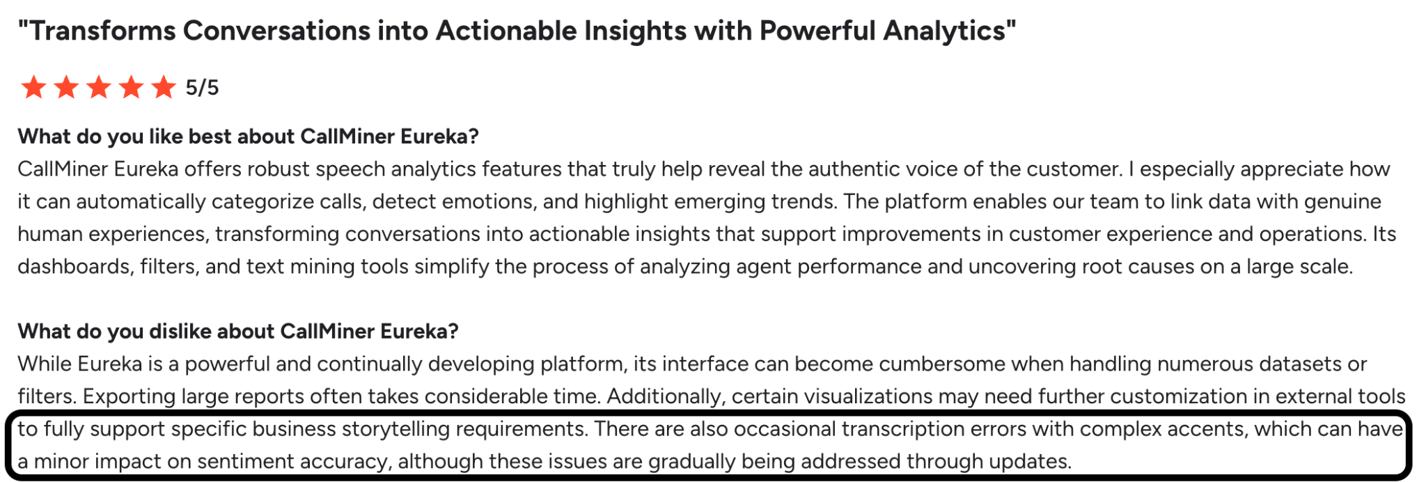 G2 review on Callminer's transcription errors with accents