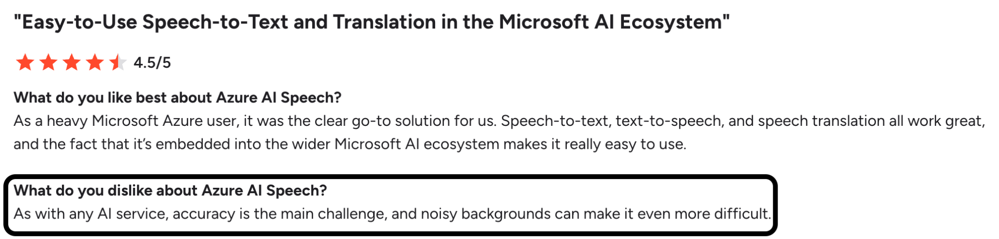 G2 review on Microsoft Azure AI Speech having difficulties with transcription when there's noisy backgrounds
