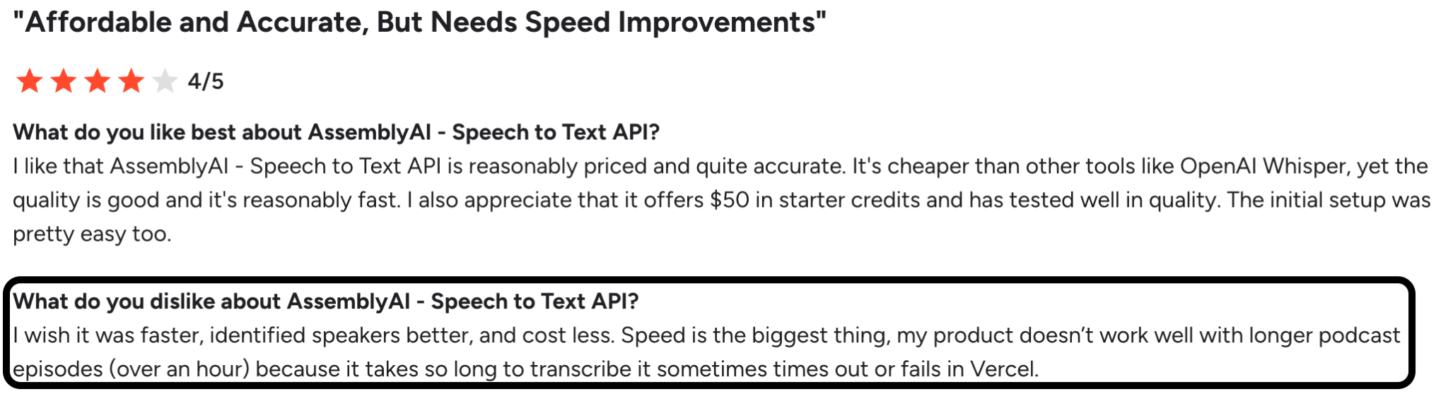 G2 reviewer on AssemblyAI having low transcription time