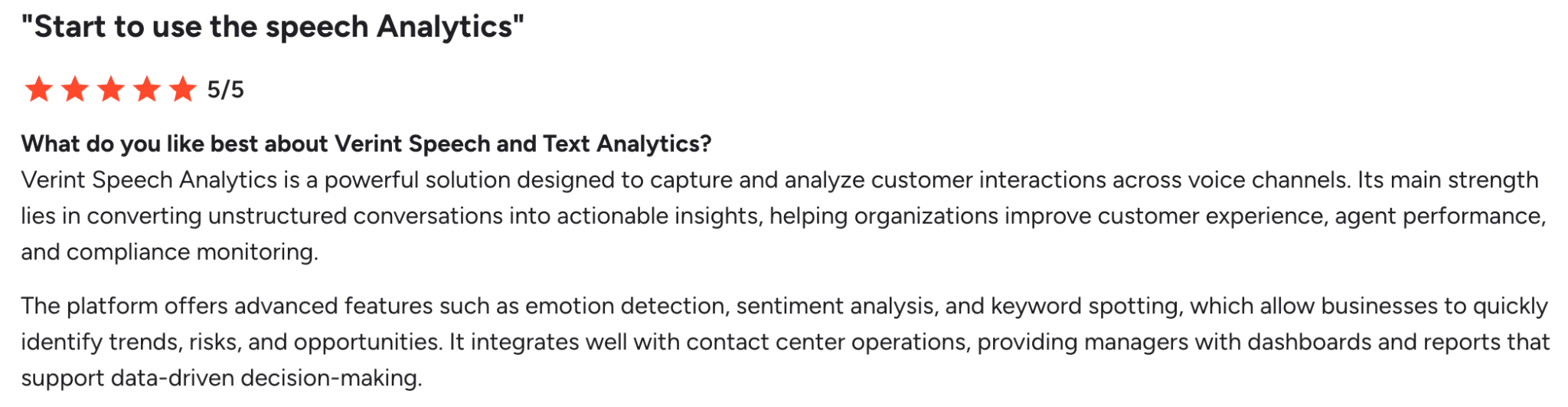 G2 review on Verint offering quick insights into customer behavior and root causes