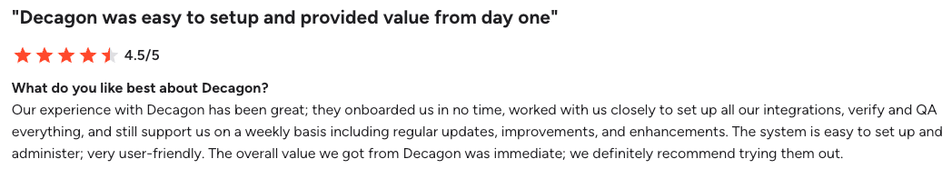 G2 review on setting up Decagon