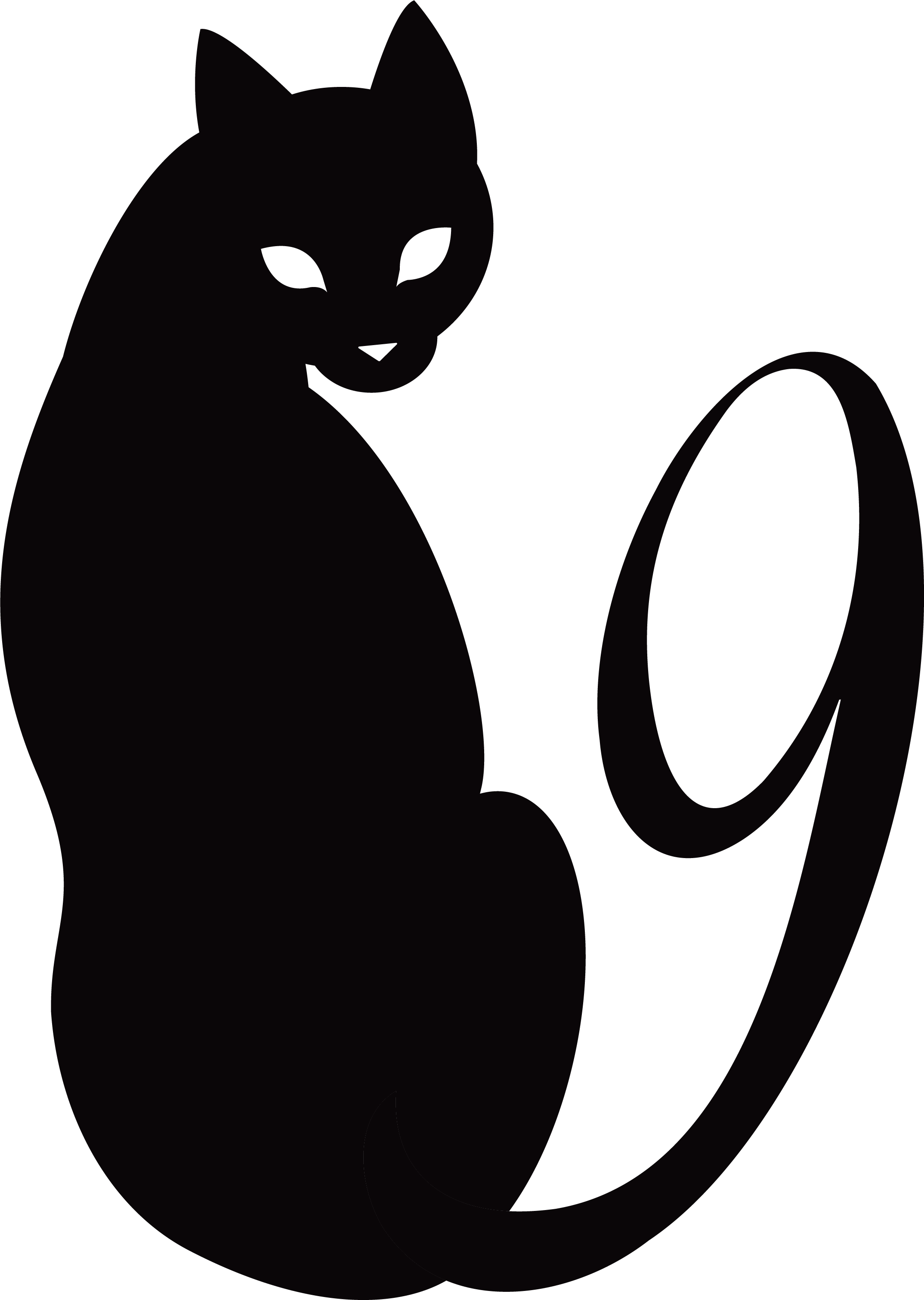 Minimalist art of a black cat. The cat has its back turned, but is looking towards the user. Its tail makes the shape of the number "9".