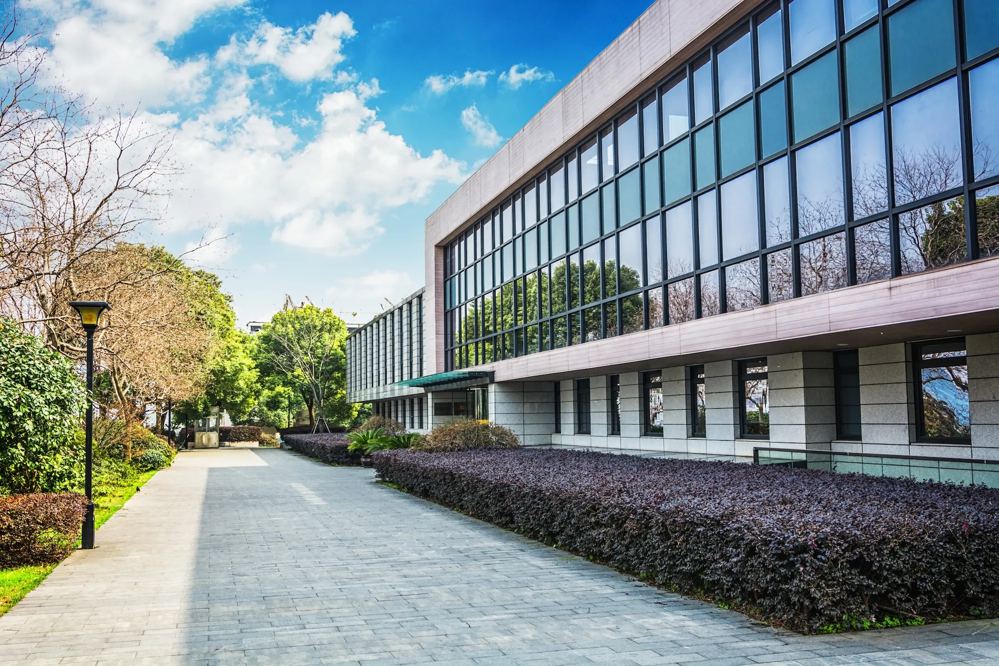 Modern building with large glass windows reflecting trees along a paved pathway lined with bushes and a street lamp under a partly cloudy blue sky.