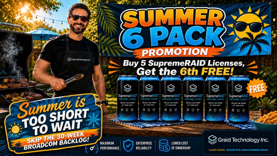 Graid Summer 6 Pack Promo with middle aged man grilling and 6 SupremeRAID branded drinks