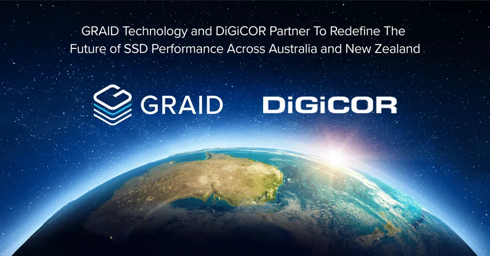 Promotional image depicting the  Graid and DiGiCOR logos in space above the earth, with the text " Graid Technology and DiGiCOR Partner To Redefine The Future of SSD Performance Across Australia and New Zealand" floating above them.