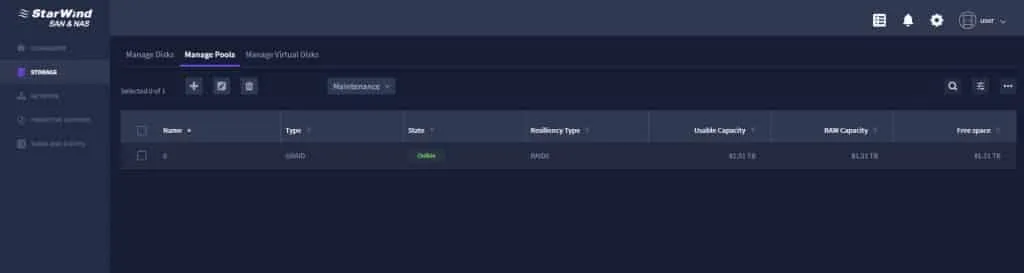 Scrrenshot of the StarWind SAN & NAS user interface - 8 NVMe