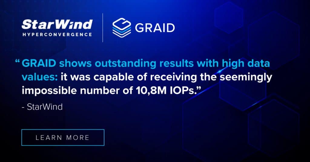 StarWind |  Graid Partnership - " Graid shoes outstanding results with high data values: it was capable of receiving the seemingly impossible number of 10,8M IOPS." - StarWind