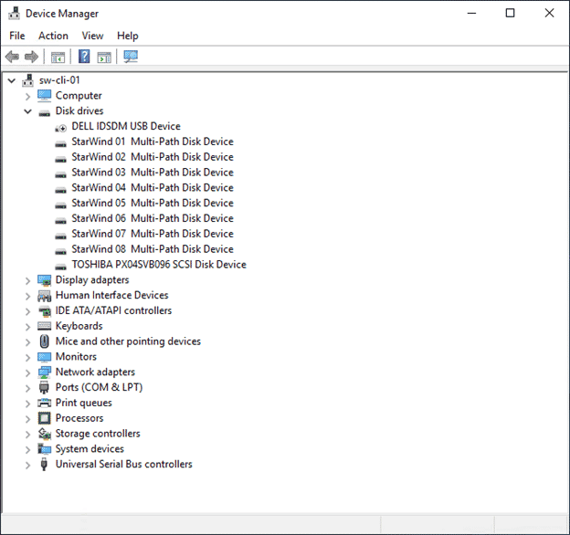 Example image of the Windows Device Manager with StarWind hardware installed