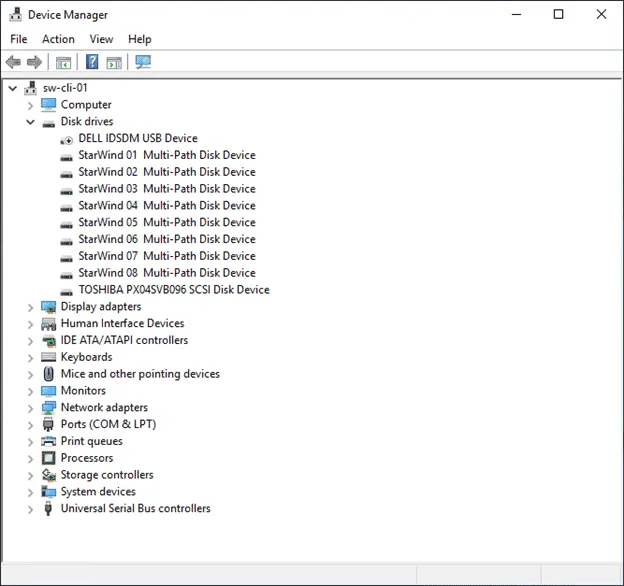 Example image of the Windows Device Manager with StarWind hardware installed